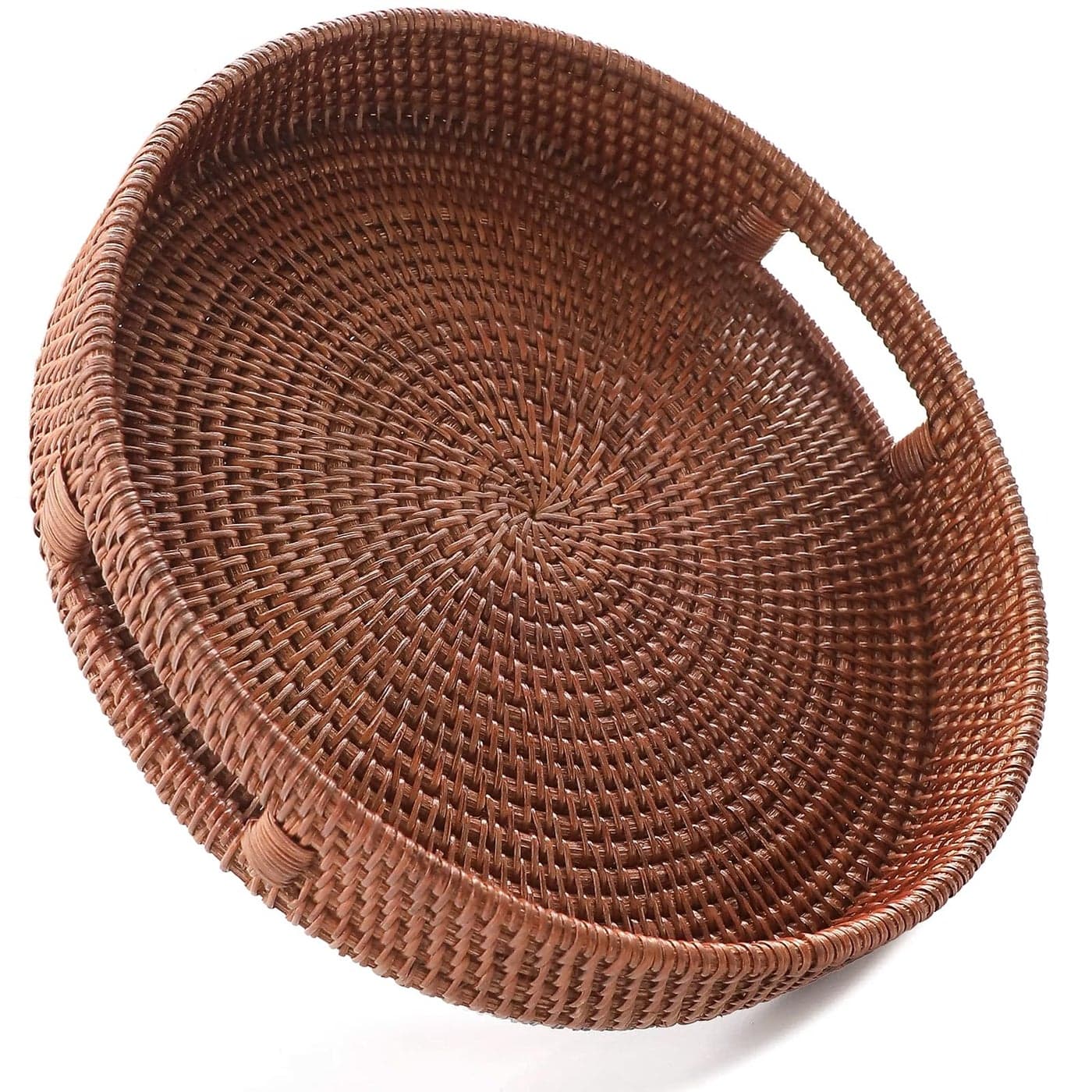 HITOMEN 118 HandWoven Round Rattan Serving Tray Decorative Wicker Trays with Handles for Coffee Table BrownM