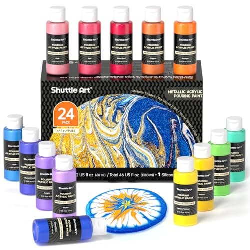 24 Pack Metallic Acrylic Pouring Paint Shuttle Art 23 Metallic Colors Readytopour Acrylic Paint with 1 Silicon Oil 60ml2oz Each Rich Pigment High Flow Pouring Paint Set for Canvas Rock Ceramic Wood
