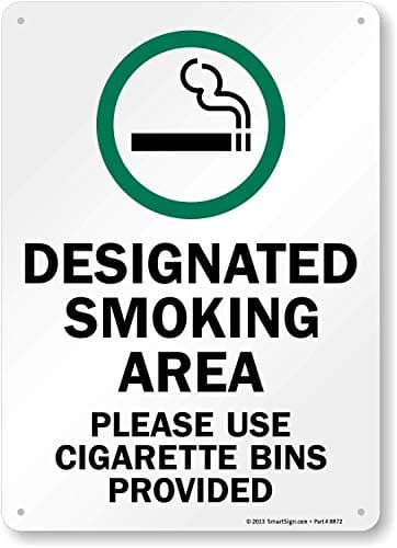 SmartSign "Designated Smoking Area, Please Use Cigarette Bins Provided" Sign | 10" x 14" Plastic