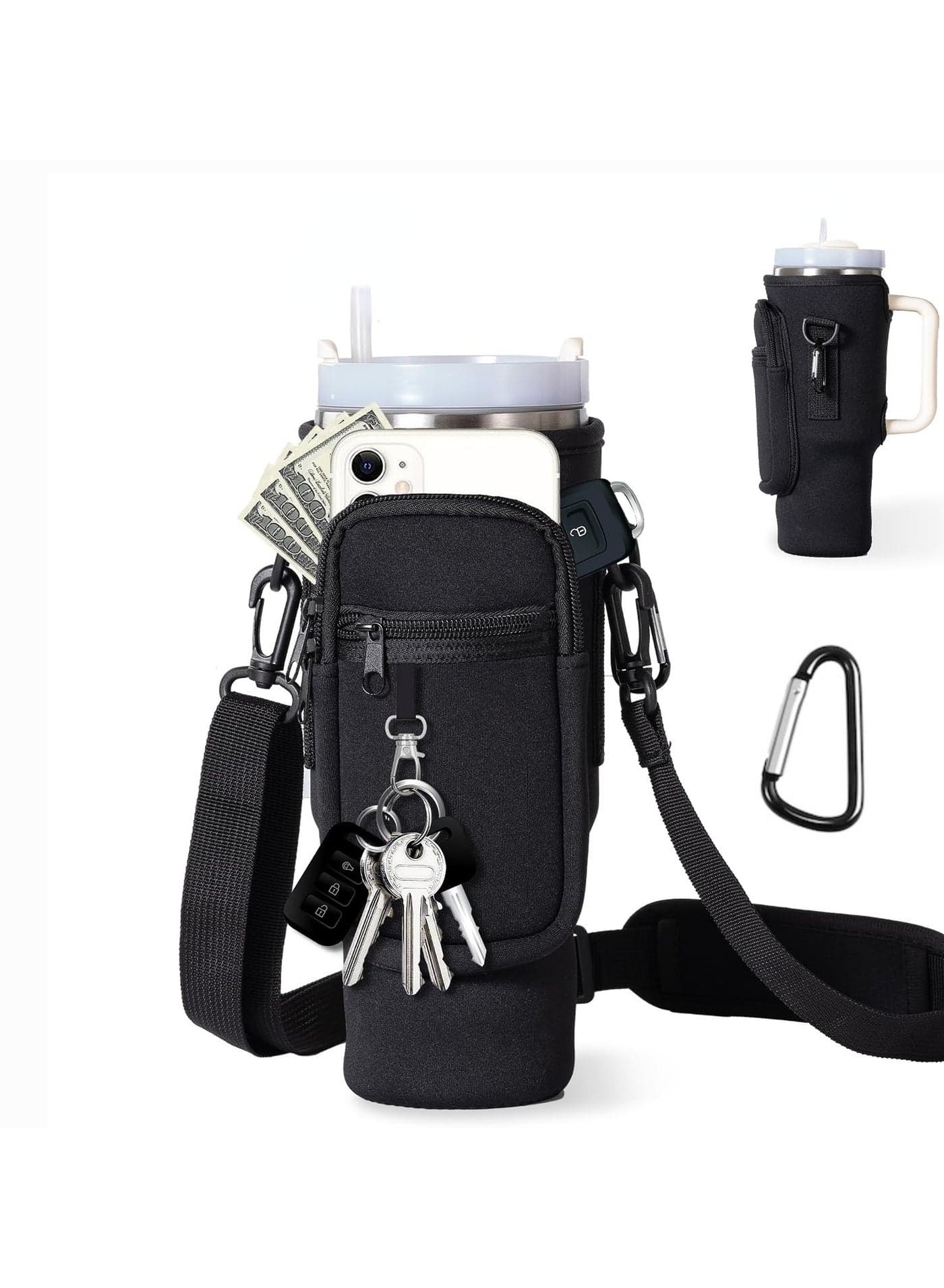 Water Bottle Carrier Bag with Phone Pocket for Stanley 40oz Tumbler Water Bottle Holder Pouch with Adjustable Shoulder Strap and Carabiner Stanley Cup Accessories for Hiking Travelling Camping