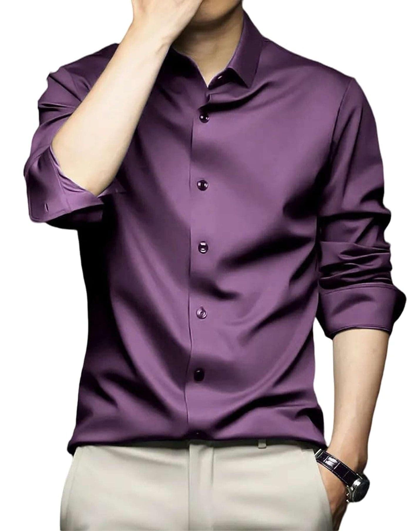 IndoPrimo Men's Stylish Solid Satin Casual Shirt for Men Full Sleeve Spread Collared Neck Classic Fit Curved Hem Length | Shir for Man | Purple XXL