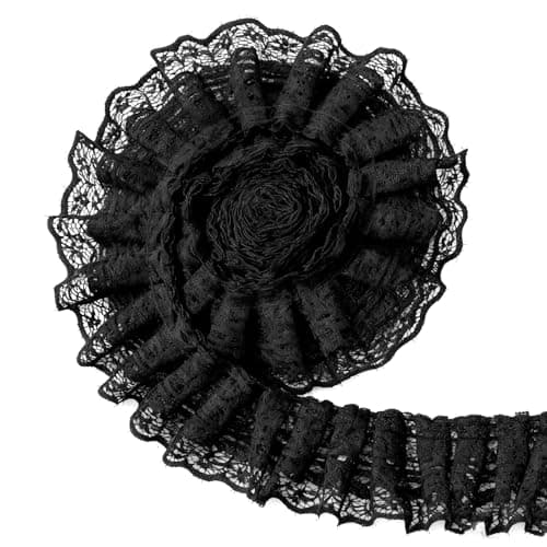 Yuomeaz 5 Yards Double Layer Ruffle Trim 197 in Width Black Lace Ribbon Vintage Lace Fabric Embroidered for Sewing Clothes Dresses Craft Bag Gift Package Wedding Decoration