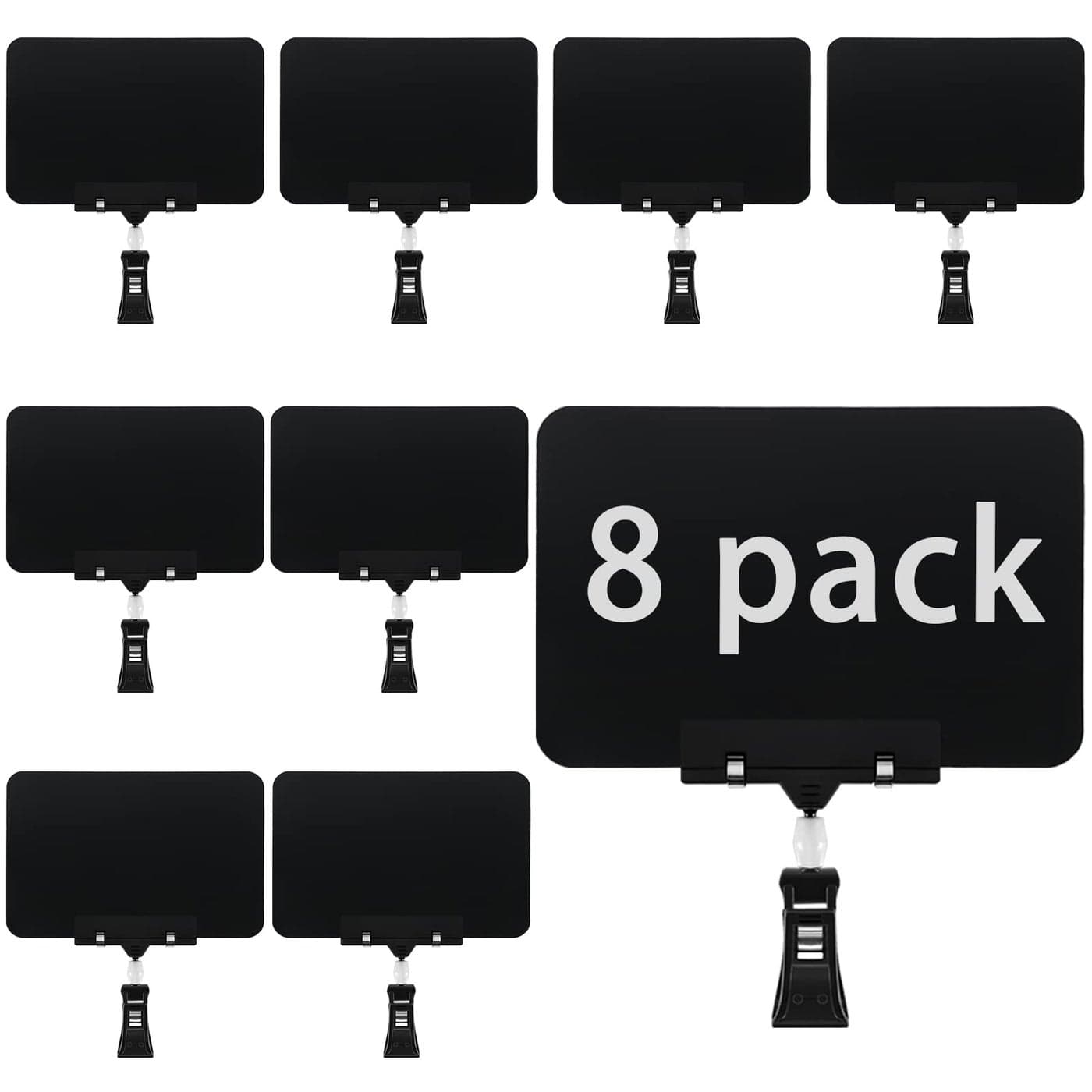 Leezead 8 Pack Rotating Clip Pop Swivel Sign Rotatable Holding Clamp Sign Holder Plastic Merchandise Sign Display Clip Holder with 2 Chalk Markers for Food Store Signs Displays black