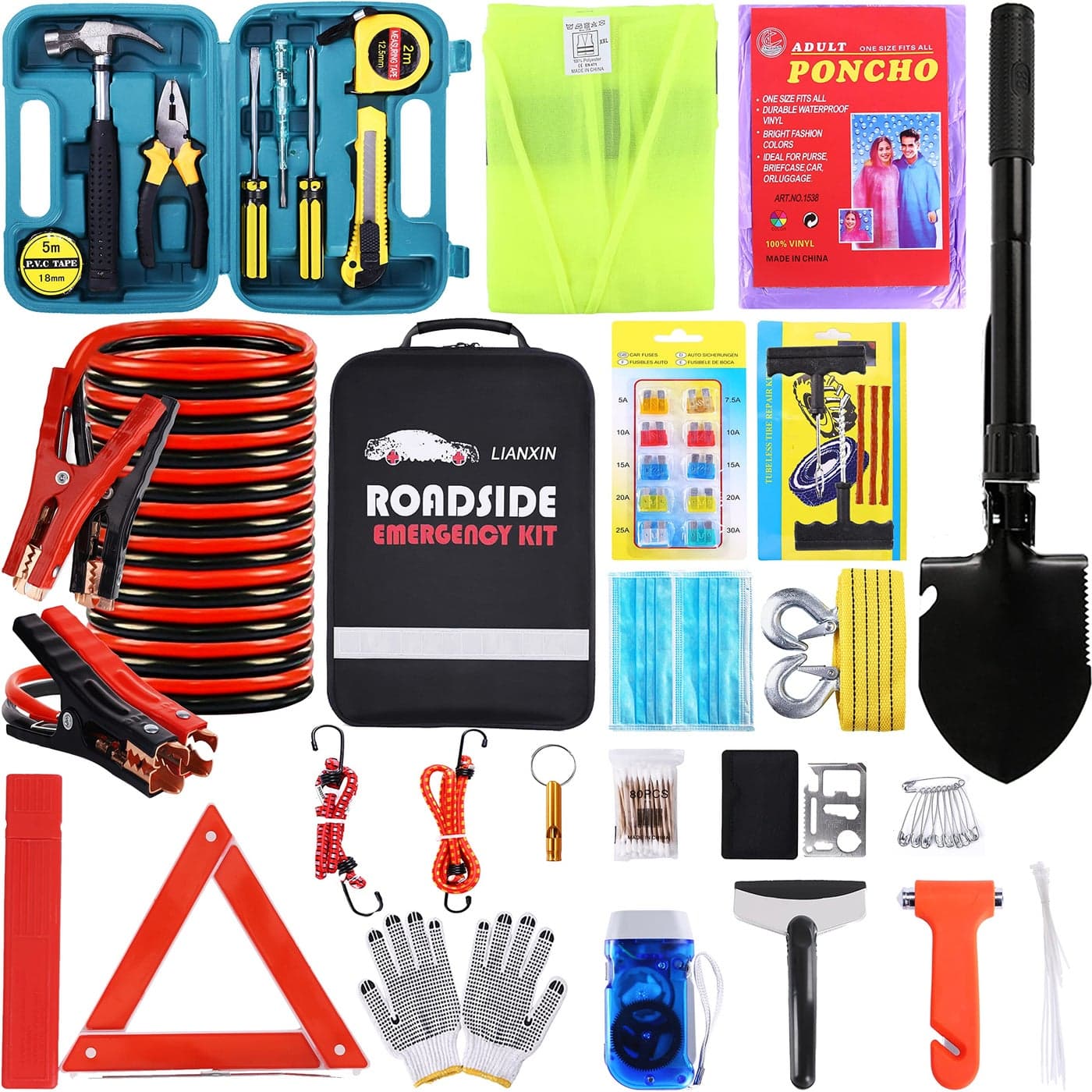 LIANXIN Roadside Emergency Car KitSafety Car Kit Car Emergency Kit with Jumper Cables Roadside Assistance Kit Tow Rope Safety Hammer Reflective Warning TriangleCar Tool Kit