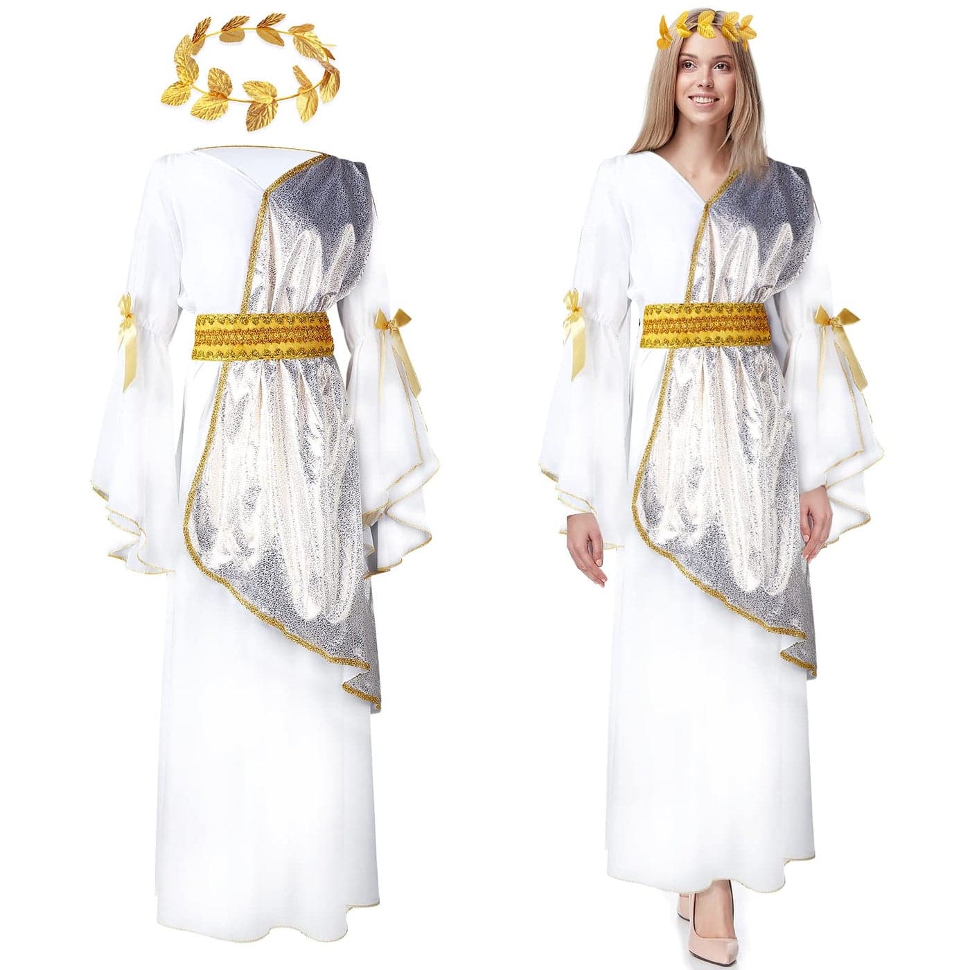 Geyoga 2 Pcs Greek Goddess Costume Toga Costume Women Halloween Greek Dress with Roman Crown Leaf WreathXLarge