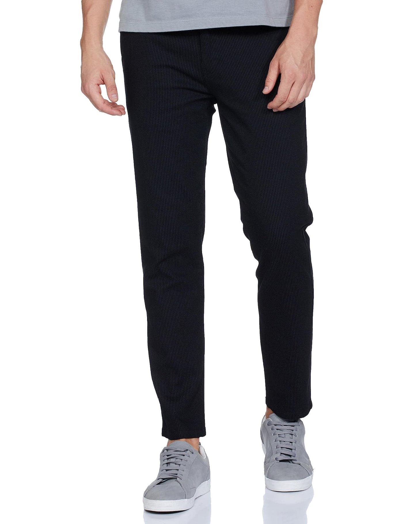 The Indian Garage Co Men Slim Fit Striped Mid Rise Chinos, Black, 36