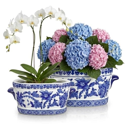 Blue and White Ceramic Planter Pot – Vintage Floral Oval Cachepot Vase for Indoor Plants, Flowers & Succulents – Glazed Chinese Porcelain Style Decorative Bowl – 7.4" or 10.6" Size – No Drainage