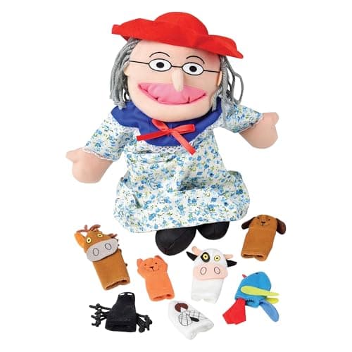 Constructive Playthings Plush Old Lady Doll and Animal Finger Puppet Props Set for There Was An Old Lady Who Live Swallowed a Fly Childrens Book For Kids Ages 3