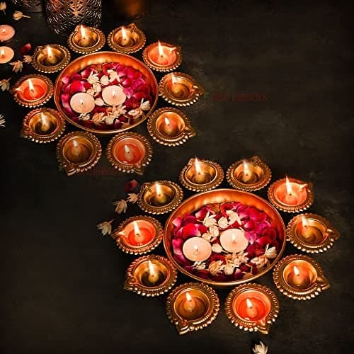 TIED RIBBONS Set of 2 Urli Bowl with 10 Attached Oil Diya's (Metal, 24.1 Cm X 3 Cm) - Home Decoration Items for Living Room Pooja Room Uruli Bowls Decorative Items for Home Décor - House Warming Gifts