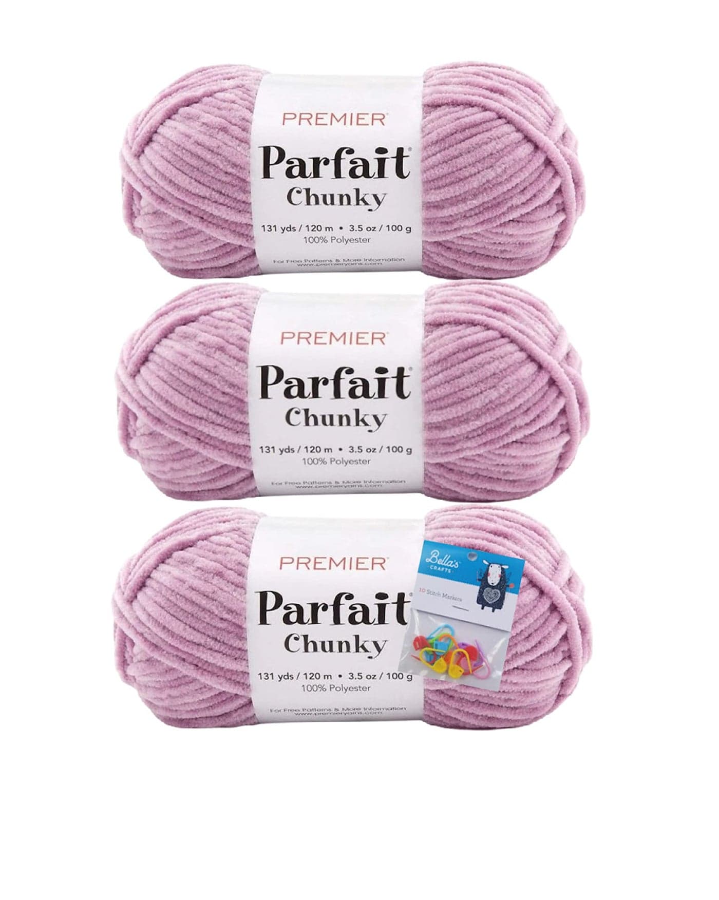 Premier Yarns Parfait Chunky Chenille Yarn 35 Oz 6 Super Bulky Weight 3 Pack Bundle with Bellas Crafts Stitch Markers Dusty Mauve