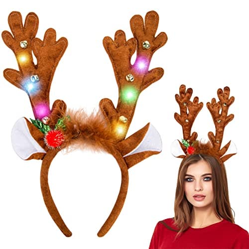 MCPINKY Reindeer Antlers Headband LED Deer Antlers Headband with Bells Light Up Christmas Reindeer Hairband Reindeer Ears Headband for Kids Adult Christmas Cosplay Party Favors