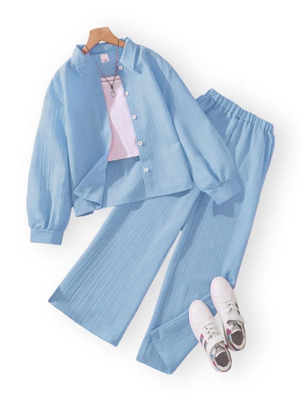 Niren Enterprise Girls' 2-Piece Co-Ord Blue Shirt & Pants, Soft Fabric, Casual Wear, Relaxed Fit for Kids Set