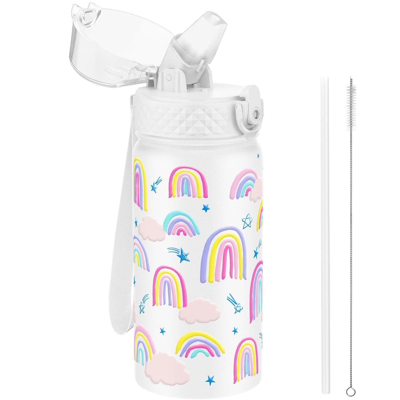 GOPPUS 420ml14oz Kids Insulated Water Bottle with Straw Cute Double Wall Stainless Steel Childs Small Flask Vacuum Insulated Steel Metal Leak Proof Drink Flask Boys Toddler Girls Bottles BPAFree