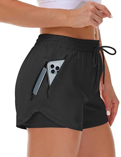 Mancreda Women's Running Shorts with Liner 3 Zipper Pockets Elastic Workout Athletic Gym Yoga Shorts(BK,S) Black