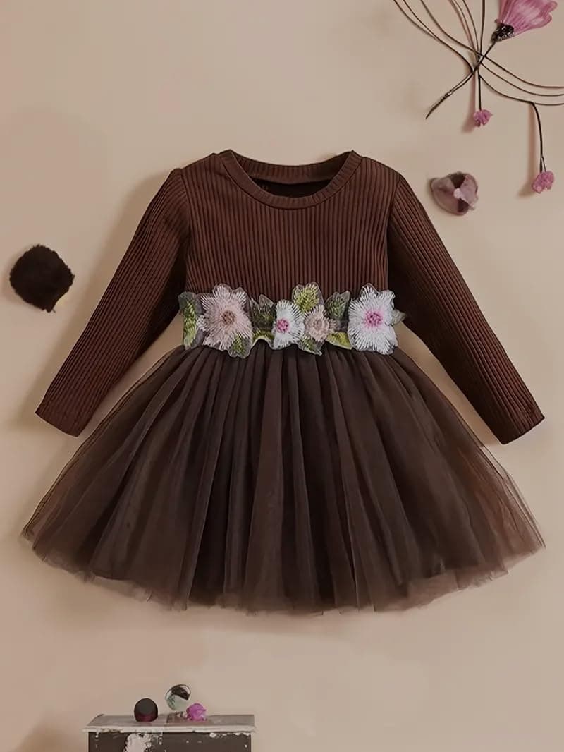 Niren Enterprise Cofee Knitted & Net Floral Embroidered Tulle Dress for Girls – Long Sleeve Outfit – Elegant Princess Dress (4-5 Years) Dark Brown