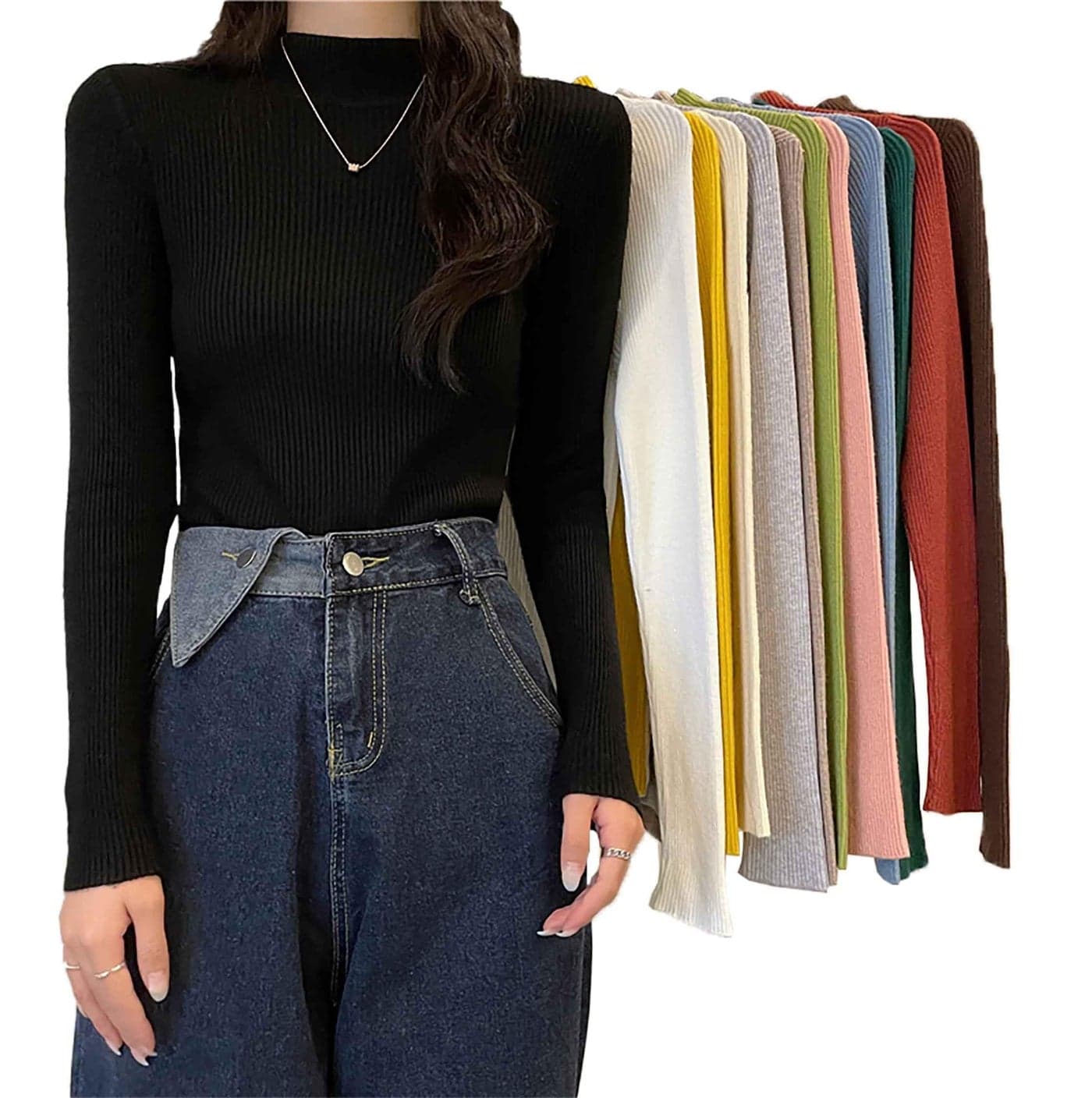 ICW Women Knitted Ribbed Stretchable High Neck Long Sleeves Pull Over Top Sweater Dn68 (in, Alpha, S, Regular, Mock Neck)