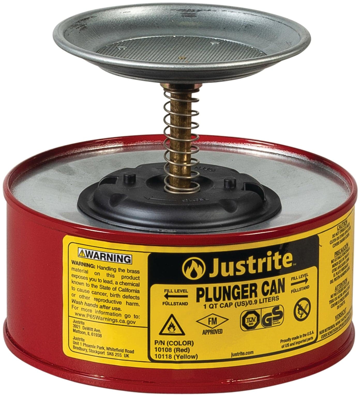 Justrite Plunger Can for Solvents, 1 Quart Capacity, 5.6" x 7.25" Steel Push-Down Solvent Dispenser Can, Made in the USA Industrial Mechanic Tools, Red, 10108