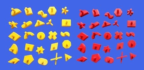 Perfection Game Replacement Pieces 50Pack Shape Pegs 25 Yellow 25 Red Compatible with Classic Perfection Board Game