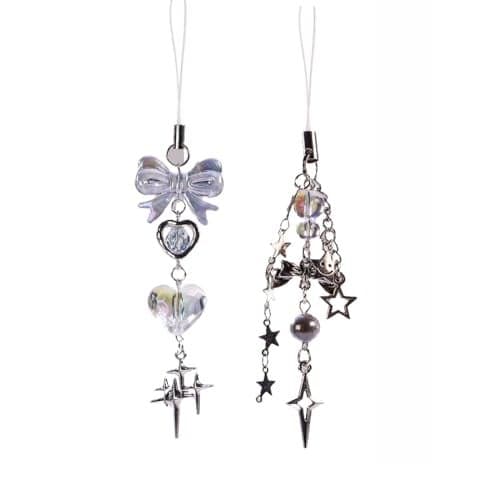 Homvog 1-4PCS Cute Phone Charms Aesthetic Y2K Cell Phone Charms Strap Strawberry Butterfly Star PhoneCharm Y2K Accessories for Bag Keychain Airpods Camera Pendants Decor (2x Blue Heart Star)