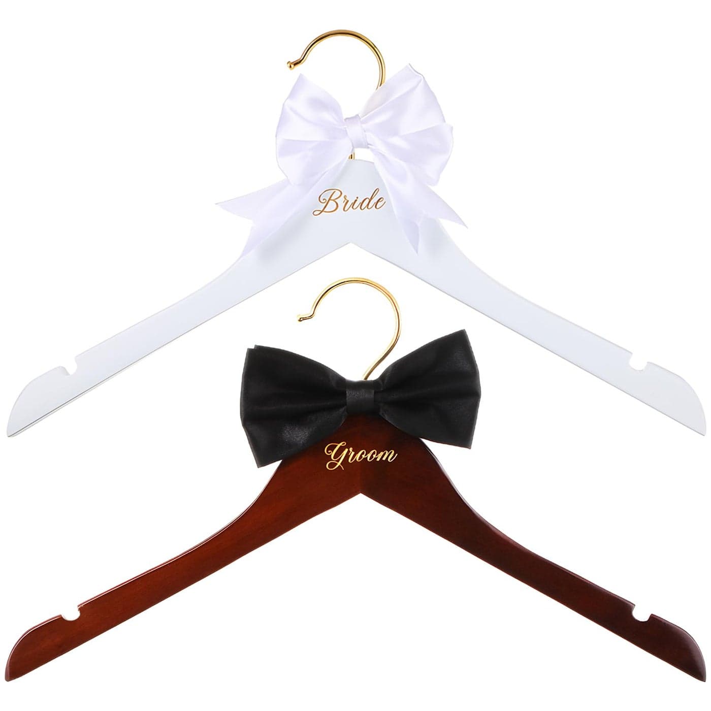 2 Pcs Bride Hanger Bride and Groom Wooden Wedding Dress Hanger Set with Bow Tie for Tuxedo Suit Wedding Gift Bridal Party ShowerSimple