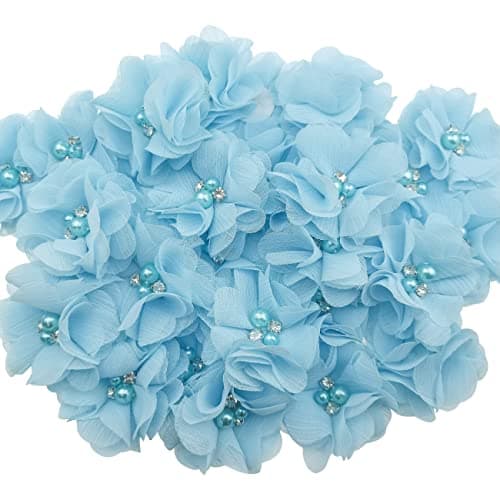 30 PCS Rhinestone Pearl Blue Chiffon Flower Sewing Fabric Appliques for Clothing, Headbands Flower, Crafts, Party Decoration, Sewing Applique