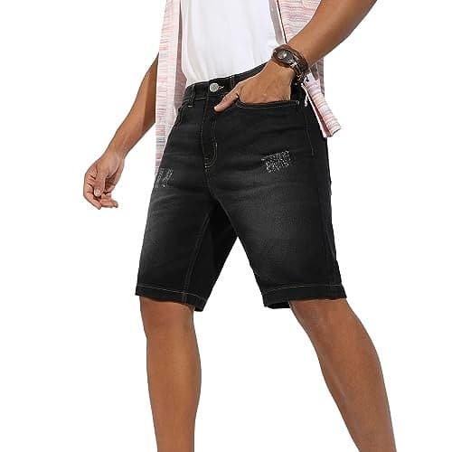 Campus Sutra Men's Solid Black Denim Shorts for Casual Wear | Dark-Wash | Regular Fit | Button Closure | Denim Shorts Crafted with Comfort Fit for Everyday Wear (34)