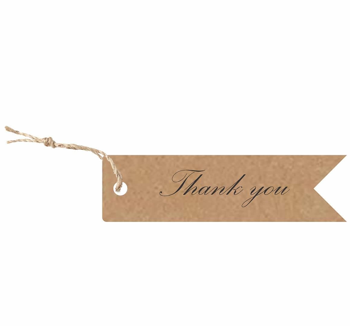 CVANU Stylish Thank-You Brown Kraft Paper Gift Tags with Natural Jute String for Wedding, Parties Events and Many Occasions. (Pack of 100)