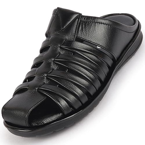FAUSTO FST FOSMS-2064 BLACK-41 Men's Black Genuine Leather Criss Cross Strap Back Open Slip On Dress Sandals (7 UK)
