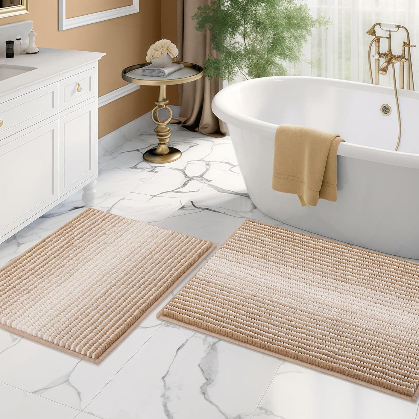 BSICPRO Bathroom Rugs and Mats Sets 2 Piece Thick Absorbent Chenille Bath Mat Rug Set Non Slip Soft Shaggy Bath Room Floor Mats for Bathroom Machine Washable 20 x 32 Plus 16 x 24 Beige