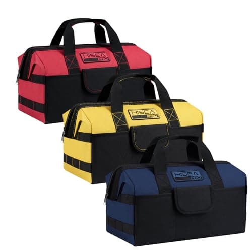 HISEA 3 Pack Heavy Duty Tool Bag with Storage Pockets 13Inch Tools Organizer Tote with Wide Base Waterproof Durable Tool Bags with Zipper for Electrician Tradesman Red Yellow Blue