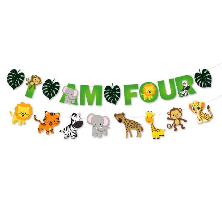 Festiko® 1 Pc I Am Four Jungle Theme Banner, Jungle Theme 4th Birthday Supplies, Jungle Theme I Am Four Decoration, Jungle Safari Party Supplies