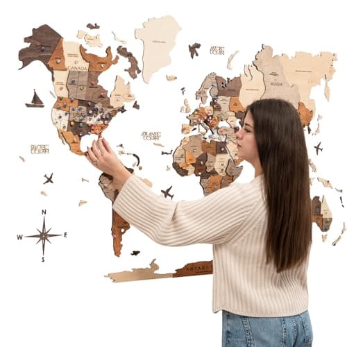 Enjoy The Wood 3D Wooden World Map Wall Art Large Travel Map with Pins for Art Decor Decorative Map of the World for Home Office Travel Wall Art Housewarming Gift Idea Multicolor XL Unframed