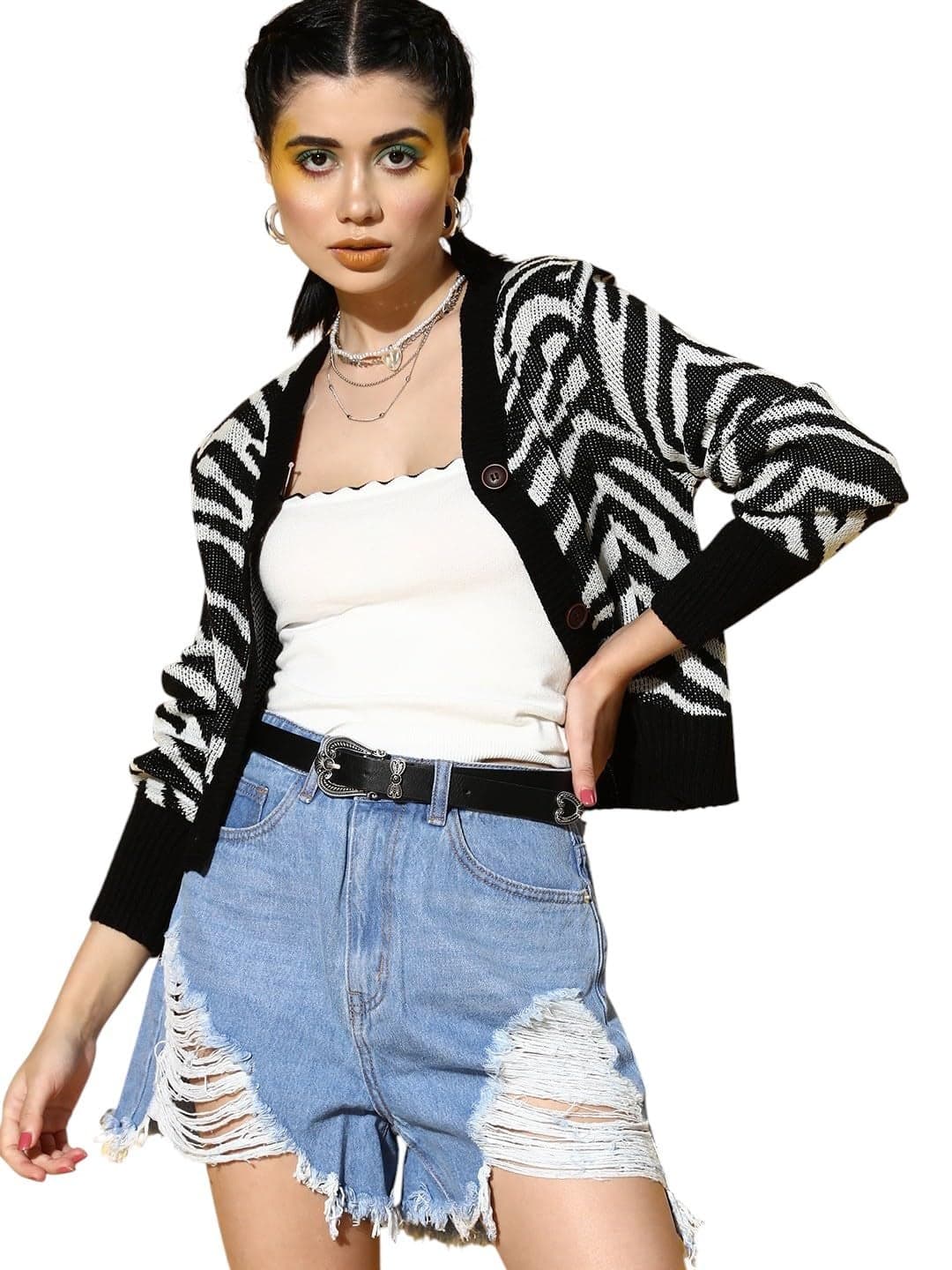 Black Animal Print Front Open Wool Cardigan