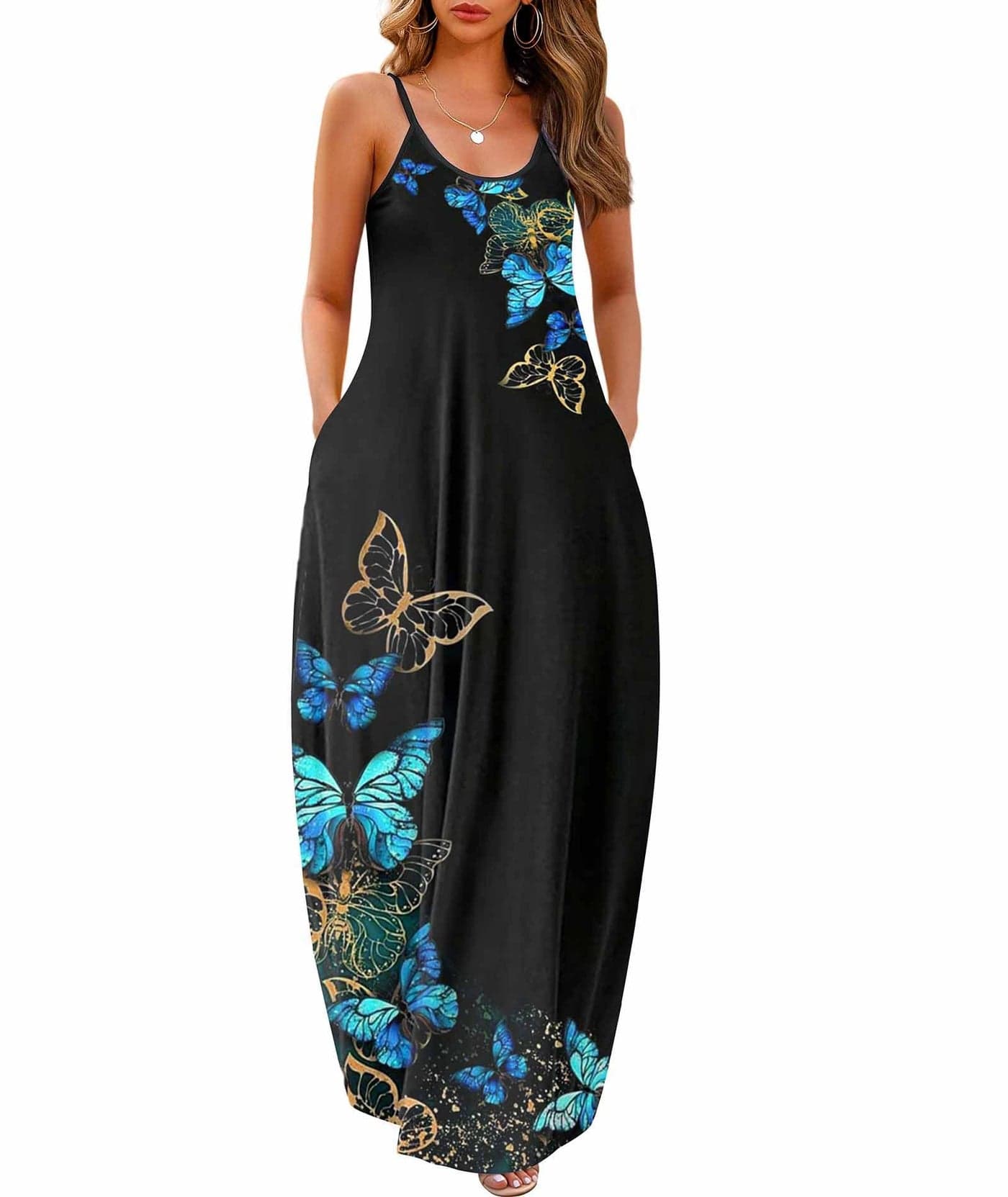 Wolddress Womens 2025 Casual Sleeveless Sundress Plus Size Loose Plain Long Summer Beach Maxi Dress with Pockets Butterfly Black L