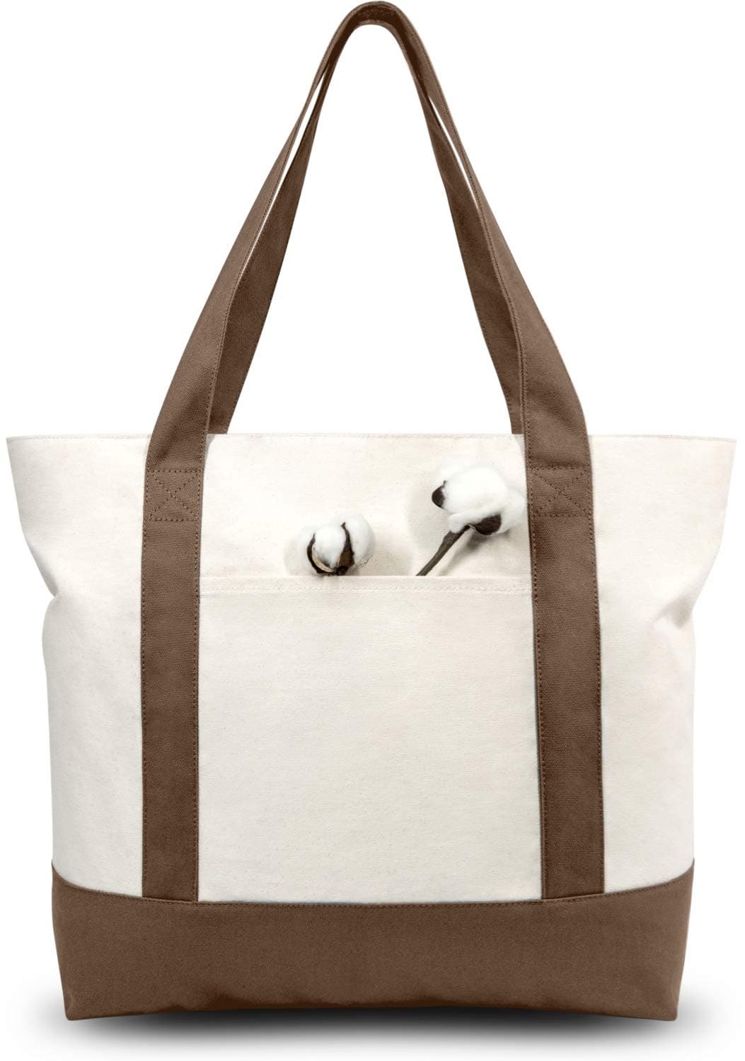 TOPDesign 1-Pack Canvas Tote Bag with an External Pocket, Reusable Grocery Shopping Bag, Top Zipper Closure, Daily Essentials (Brown/Natural)