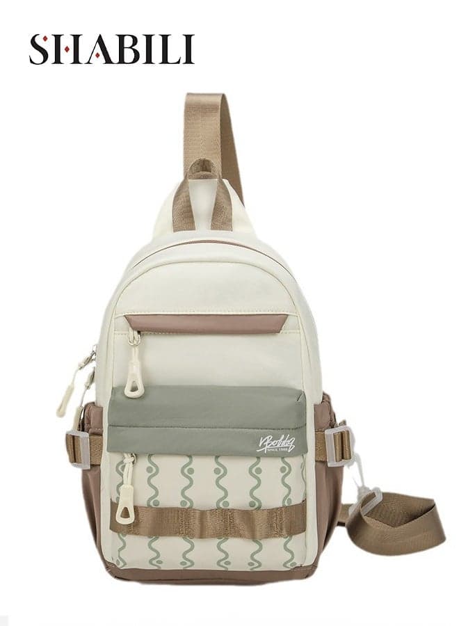 Boys' and Girls' Crossbody Bag Shoulder Bag Chest Bag, Youth Teenager College Student Color-Block Quilted Patchwork Nylon PU Sling Tote for Daily Casual Party Travel (Beige)