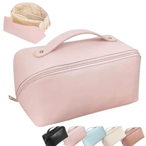 ANGENIL Makeup Pouch Bag, Travel Pouches for Women, Vanity Bag for Women Latest, Cosmetic Organizer, Travel Toiletry Bag, Mini Makeup Bag and Skincare Pouch, Leather Vanity Bag (Pink, Medium)
