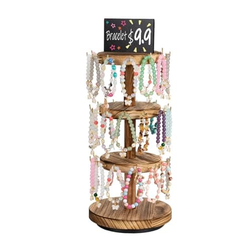 Pinzoveco Bracelet Holder, 3 Tier Wooden Rotating Bracelet Display Stand, Tree Stand Vendor Booth Display with Adversitsing Board, 36 Hooks for Bracelet, KeyChain Display Stands for Selling, Brown (Patent Pending)