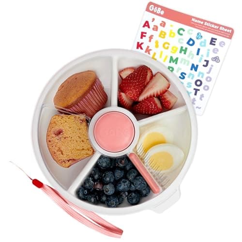 GoBe Kids Large Snack Spinner Slide Bundle with Hand Strap and Sticker Sheet - Reusable Snack Container with 4 Compartment Dispenser and Lid | BPA/PVC Free | Dishwasher Safe | No Spill - Coral Pink