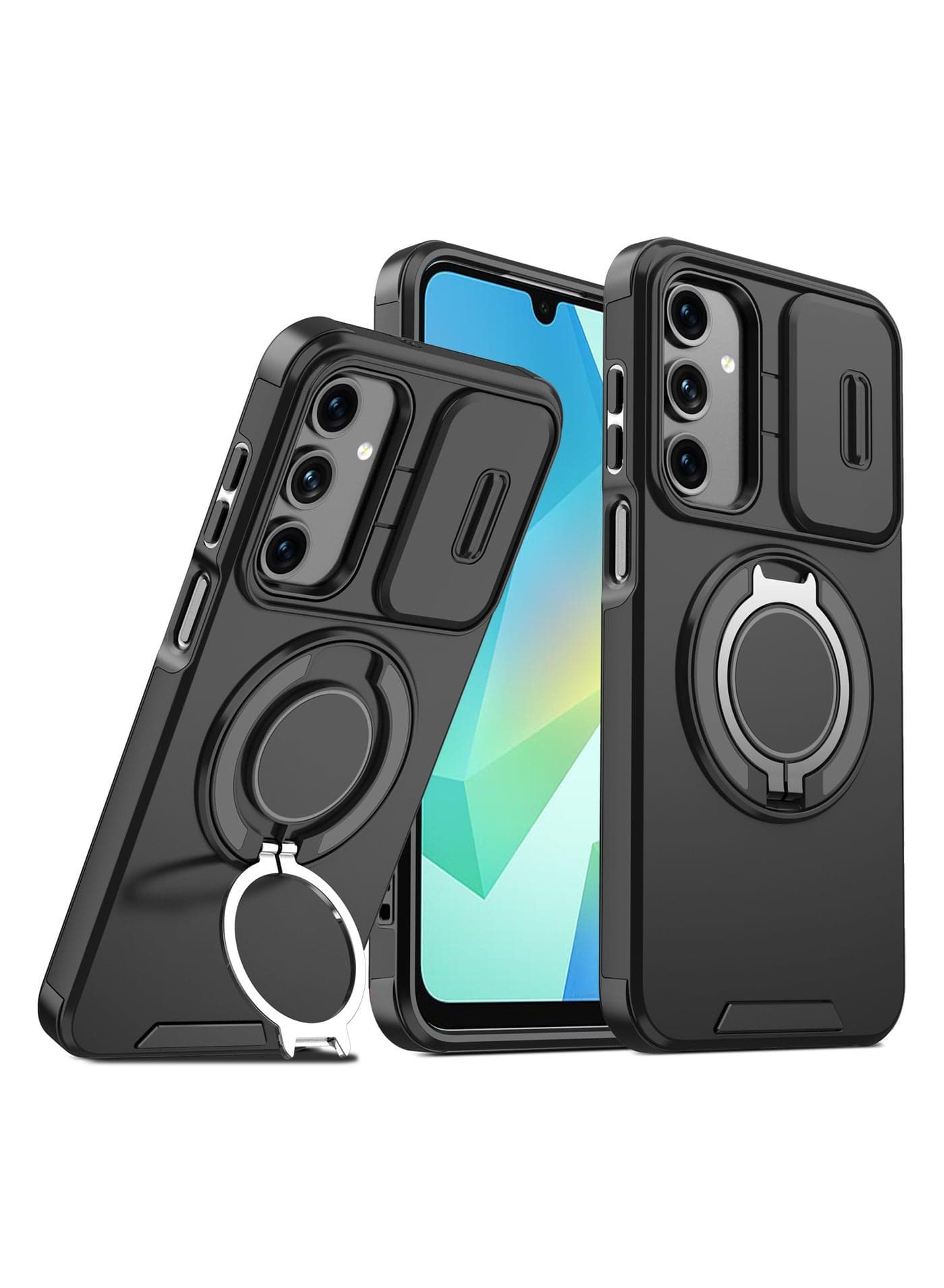Case compatible with Samsung A16, built-in sliding lens protection and 360° rotatable ring stand and hinge protection, folding case