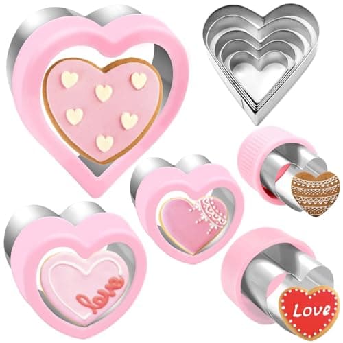 Heart Cookie Cutter Set 10 Pieces, Stainless Steel Heart Shaped Cutters Mold for Sandwich Fondant Pastry Cake Biscuit Fruit Veggie, Pink Color Large Medium Small Mini Sizes