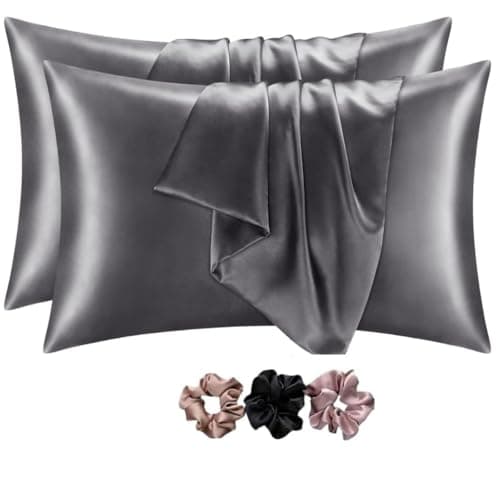 GO WELL solid Satin Silk Pillow Covers Pack of 2 for Hair and Skin-with Satin Scrunchies for Women|Satin Pillow coer for Hair and Skin |scrunchies for Women 3-Piece|Silk Pillow case (Grey) 600 TC
