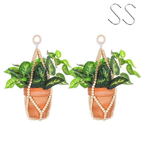 Artilady 2 Pack Beaded Plant Hanger Indoor Macrame Hanging Planters for Plants Holder No Tassels with Wooden Beads Boho Farmhouse Rustic Home Decor Wood Color Bead2pcs