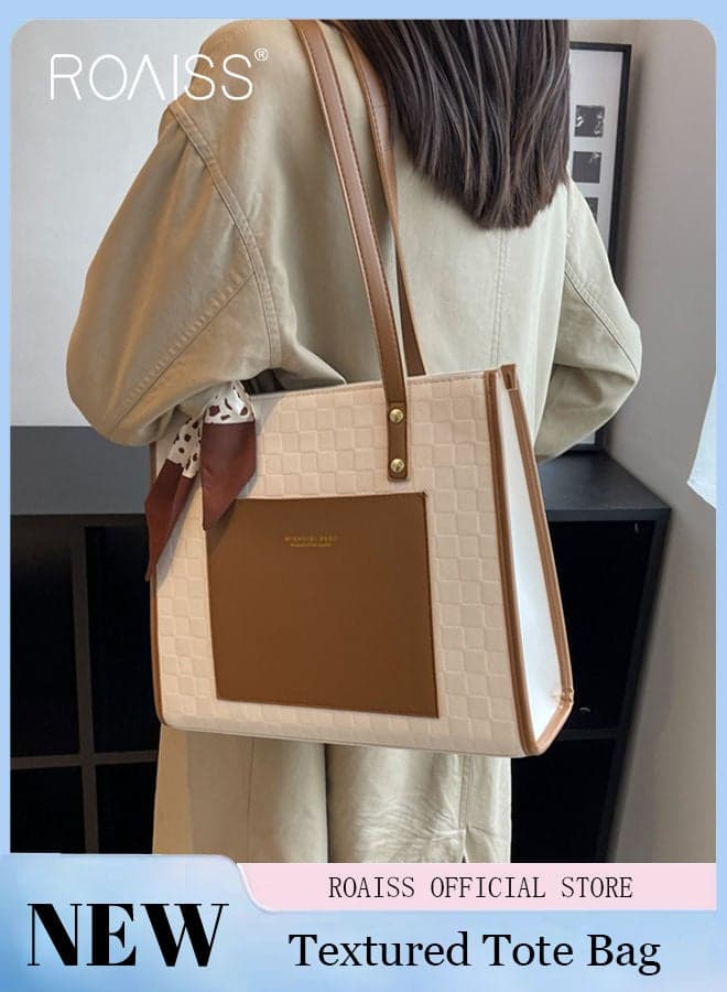 Women's Leather Two Tone Tote Bag, Geometric Letter Embossed Scarf Decor Handbag Shopper Bag, Ladies Large Capacity Commuter Shoulder Bag, 32*11*27cm