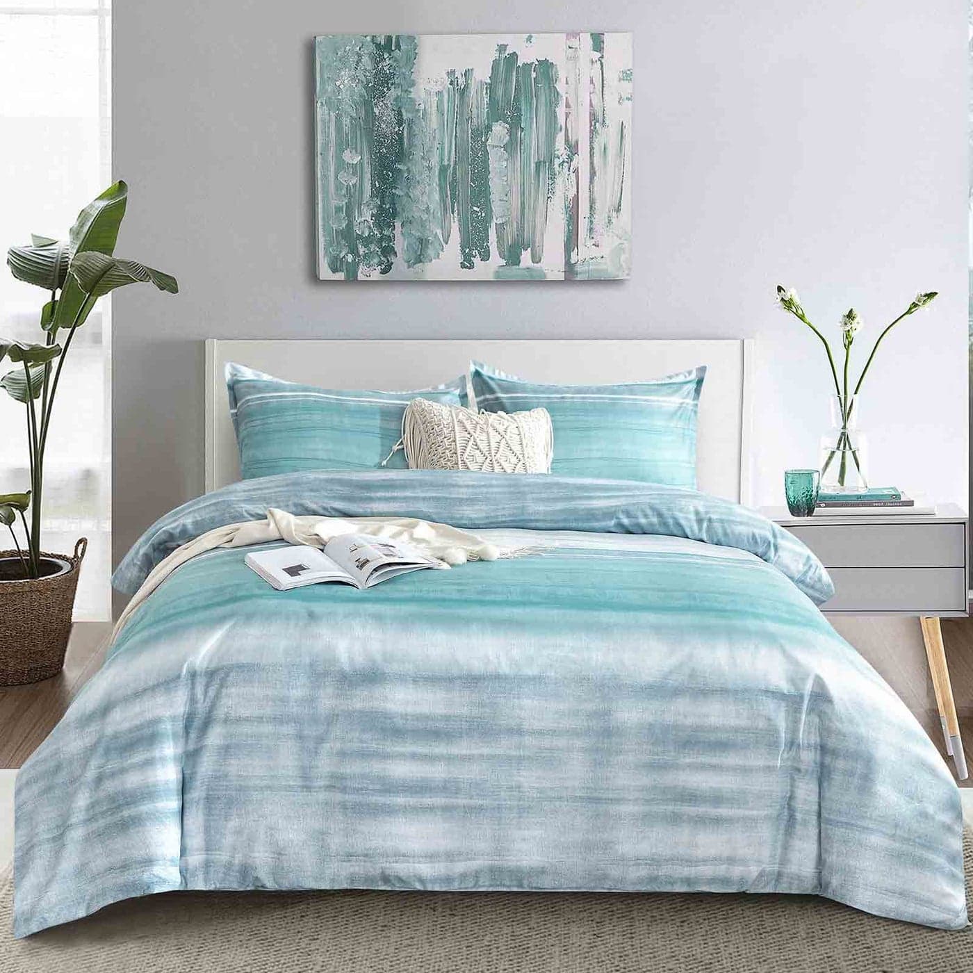 Blue Grey Striped Queen Size Duvet Cover Teal and Gray Stripe Printed Pattern Reversible Microfiber Comforter Cover Bedding Sets 3PC 90 x 90 Soft Bed Sets Modern Abstract Style for Women Men