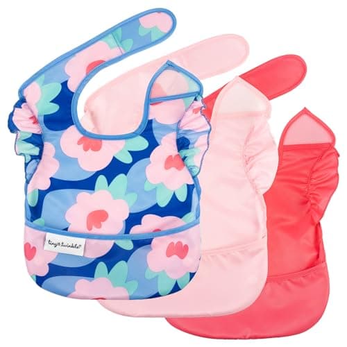 Tiny Twinkle Mess Proof Baby Bibs for Eating – Waterproof, Wipeable Toddler Bibs with Pocket – Baby Food Bibs for Girls & Boys(3 Pack,Olive. Slate)