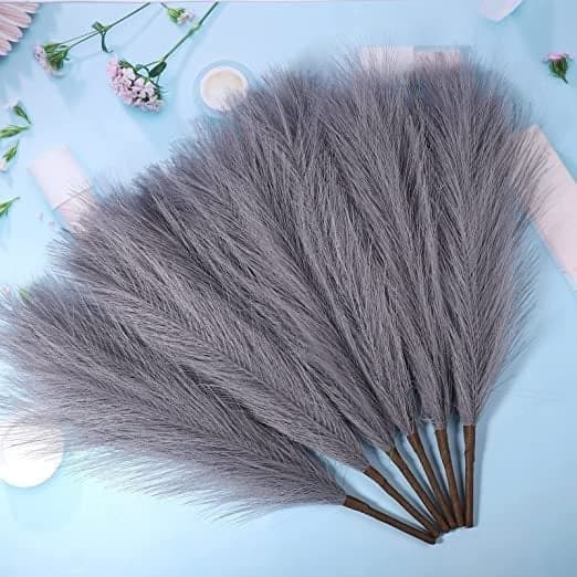 SATYAM KRAFT Silk 3 Pcs Faux Pampas Grass Small Fluffy Artificial Flowers Fake Flower for Home, Office,Bedroom, Table Decoration and Craft Items Corner (Without Vase Pot) (Grey)