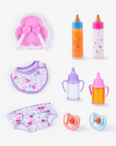 BABESIDE 11 Pcs Baby Doll Accessories Set Baby Doll Bottles Diapers Pacifiers Bib Plate Baby Doll Stuff Toys for Little Girls