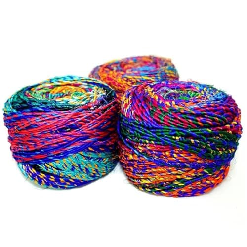Revolution Fibers Recycled Sari Silk Yarn, Multi-Color Pure Silk, Made From Handspun Used Sari Fabric Ribbon Scraps, Rainbow for Knitting, Weaving & Crocheting - 100 Grams per Ball (2-Pack)