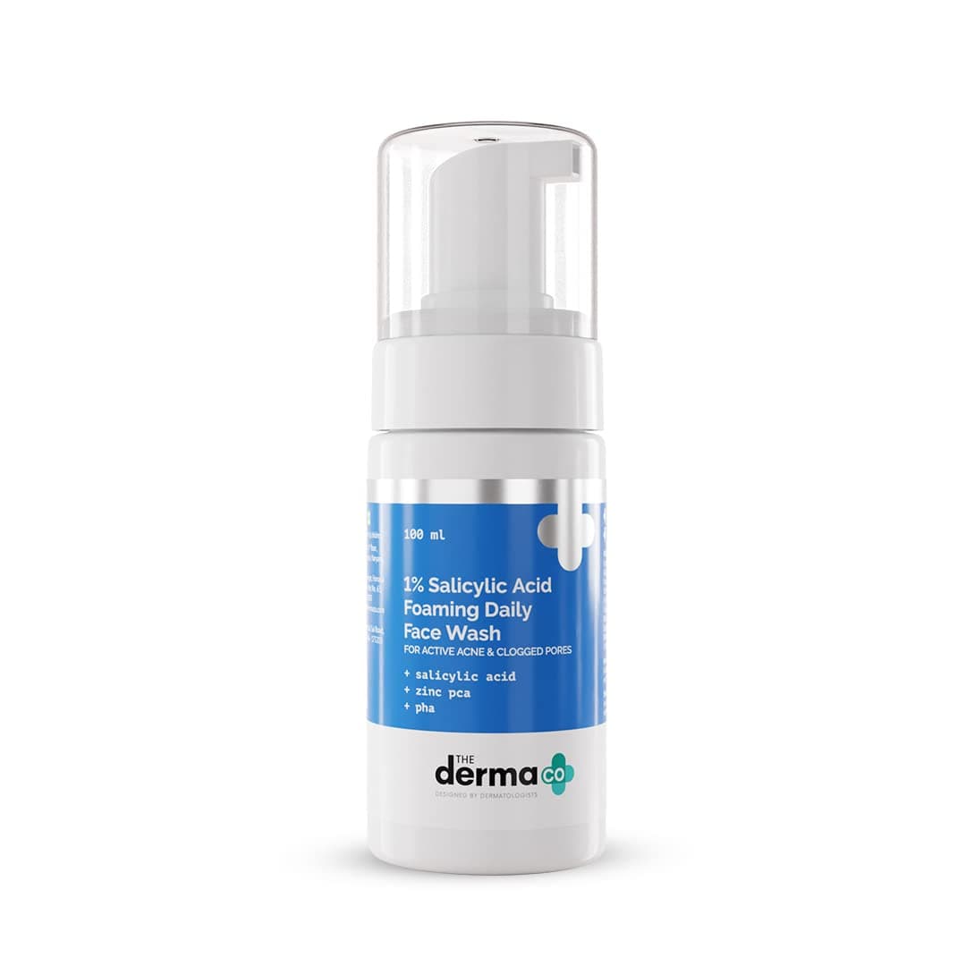 The Derma Co 1% Salicylic Acid Foaming Daily Face Wash with Salicylic Acid, Zinc PCA & PHA for Active Acne & clogged Pores - 100 ml Reduces Acne Unclogs Pores